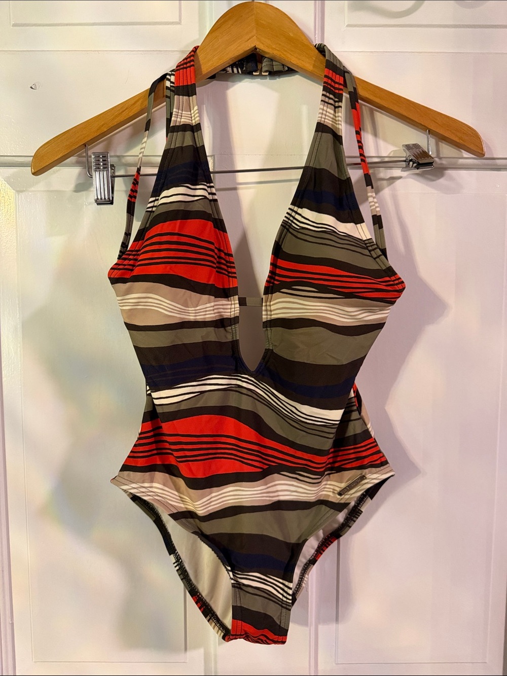 Vince Camuto Red Navy Olive Striped Halter One-Piece Swimsuit